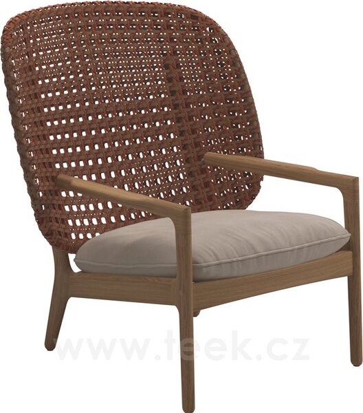 Gloster Nízké křeslo s vysokou zádovou opěrkou Kay, Gloster, 85,5x84,5x95,5 cm, rám teak, výplet umělý ratan barva Brindle, sedák venkovní látka kat. B barva dle vzorníku