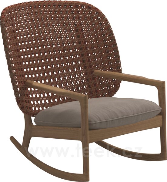 Gloster Houpací křeslo s vysokou zádovou opěrkou Kay, Gloster, 85,5x84,5x95,5 cm, rám teak, výplet umělý ratan barva Brindle, sedák venkovní látka kat. B barva dle vzorníku