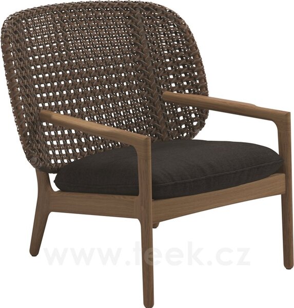 Gloster Nízké křeslo s nižší zádovou opěrkou Kay, Gloster, 85,5x84,5x83,5 cm, rám teak, výplet umělý ratan barva Brindle, sedák venkovní látka kat. B barva dle vzorníku