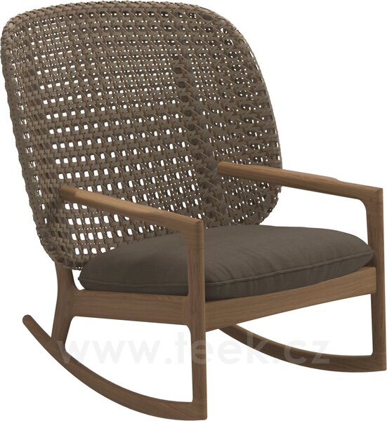 Gloster Houpací křeslo s vysokou zádovou opěrkou Kay, Gloster, 85,5x84,5x95,5 cm, rám teak, výplet umělý ratan barva Brindle, sedák venkovní látka kat. B barva dle vzorníku
