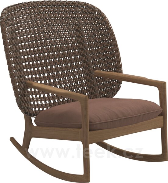 Gloster Houpací křeslo s vysokou zádovou opěrkou Kay, Gloster, 85,5x84,5x95,5 cm, rám teak, výplet umělý ratan barva Brindle, sedák venkovní látka kat. B barva dle vzorníku