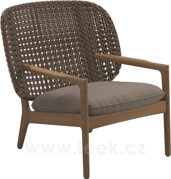 Gloster Nízké křeslo s nižší zádovou opěrkou Kay, Gloster, 85,5x84,5x83,5 cm, rám teak, výplet umělý ratan barva Brindle, sedák venkovní látka kat. B barva dle vzorníku