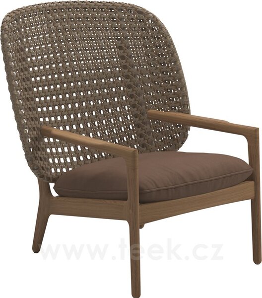 Gloster Nízké křeslo s vysokou zádovou opěrkou Kay, Gloster, 85,5x84,5x95,5 cm, rám teak, výplet umělý ratan barva Brindle, sedák venkovní látka kat. B barva dle vzorníku