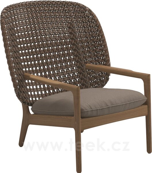 Gloster Nízké křeslo s vysokou zádovou opěrkou Kay, Gloster, 85,5x84,5x95,5 cm, rám teak, výplet umělý ratan barva Brindle, sedák venkovní látka kat. B barva dle vzorníku