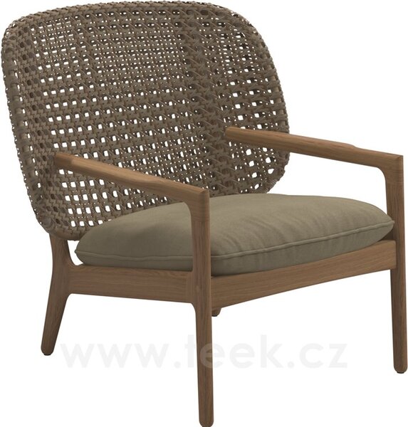 Gloster Nízké křeslo s nižší zádovou opěrkou Kay, Gloster, 85,5x84,5x83,5 cm, rám teak, výplet umělý ratan barva Brindle, sedák venkovní látka kat. B barva dle vzorníku