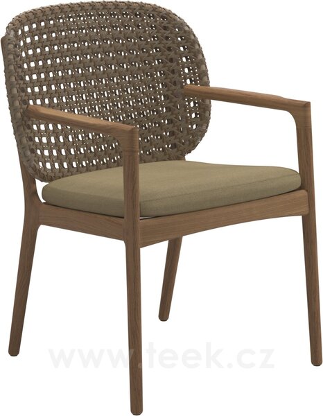 Gloster Jídelní křeslo Kay, Gloster, 63,5x62,5x85,5, rám teak, výplet umělý ratan barva Brindle, sedák venkovní látka kat. B barva dle vzorníku