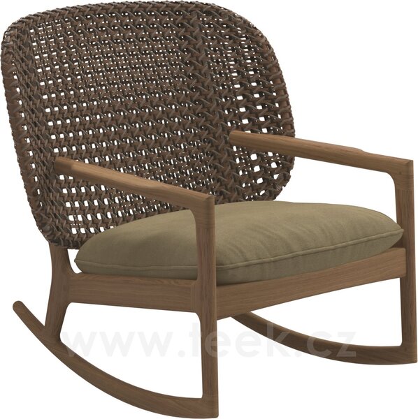 Gloster Houpací křeslo s nižší zádovou opěrkou Kay, Gloster, 85,5x84,5x83,5 cm, rám teak, výplet umělý ratan barva Brindle, sedák venkovní látka kat. B barva dle vzorníku