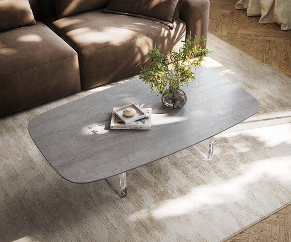 DELIFE Konferenční stolek Edge oválný tvar 140×80 cm keramika beton šedá Lumia akryl