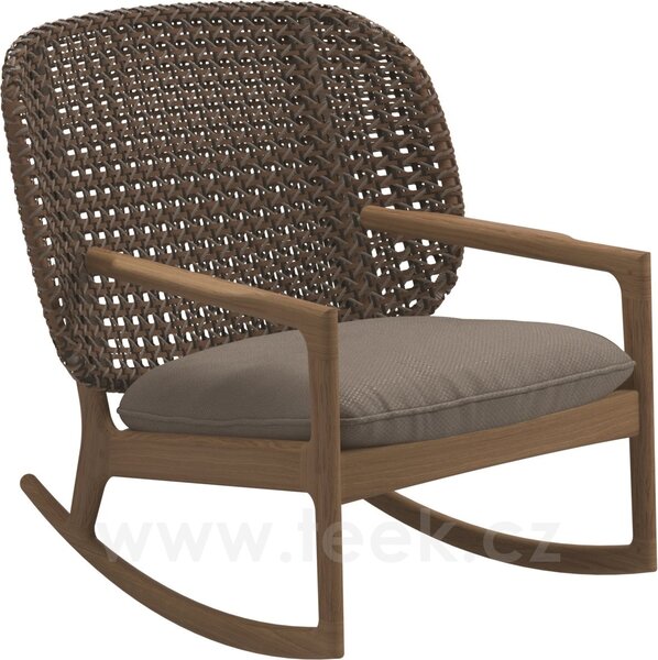 Gloster Houpací křeslo s nižší zádovou opěrkou Kay, Gloster, 85,5x84,5x83,5 cm, rám teak, výplet umělý ratan barva Brindle, sedák venkovní látka kat. B barva dle vzorníku