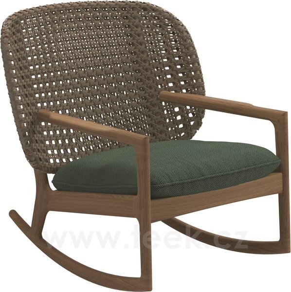 Gloster Houpací křeslo s nižší zádovou opěrkou Kay, Gloster, 85,5x84,5x83,5 cm, rám teak, výplet umělý ratan barva Brindle, sedák venkovní látka kat. B barva dle vzorníku