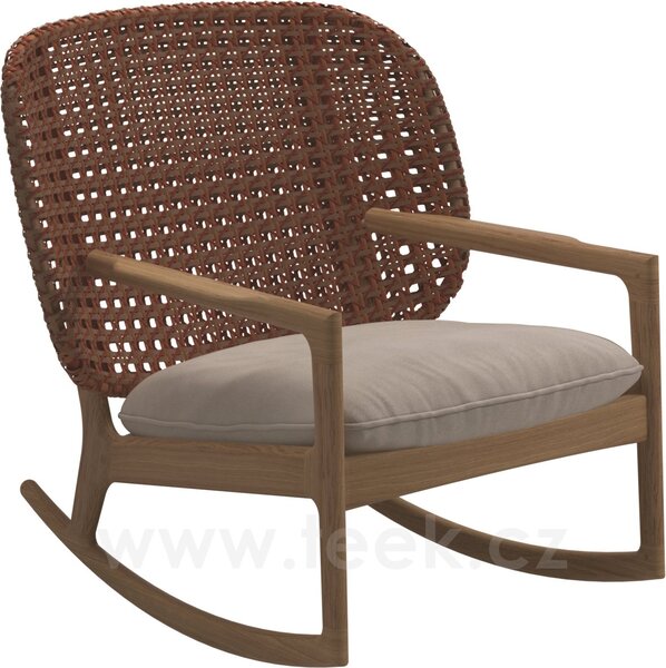 Gloster Houpací křeslo s nižší zádovou opěrkou Kay, Gloster, 85,5x84,5x83,5 cm, rám teak, výplet umělý ratan barva Brindle, sedák venkovní látka kat. B barva dle vzorníku