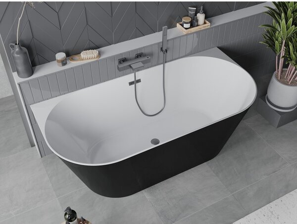 Mexen Oval Slim, volně stojící vana ke zdi, 170 x 80 cm, bílá-černá, broušený grafit přepad, 52661708075-66