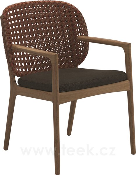 Gloster Jídelní křeslo Kay, Gloster, 63,5x62,5x85,5, rám teak, výplet umělý ratan barva Brindle, sedák venkovní látka kat. B barva dle vzorníku