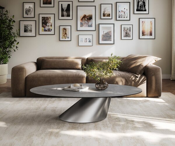 DELIFE Konferenční stolek Edge oválný 140×80 cm keramika beton šedá Conis nerezová ocel kartáčovaná