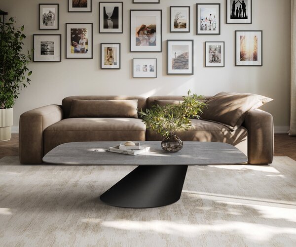 DELIFE Konferenční stolek Edge oválný tvar 140×80 cm keramika beton šedá Conis kov černá
