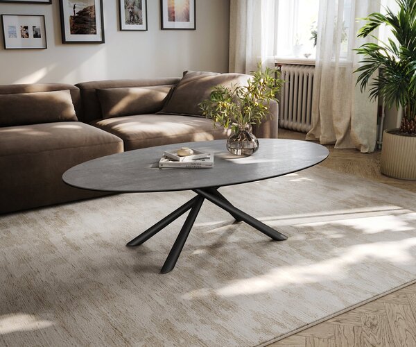 DELIFE Konferenční stolek Edge oválný 140×80 cm keramika beton šedá Sarity kov černá