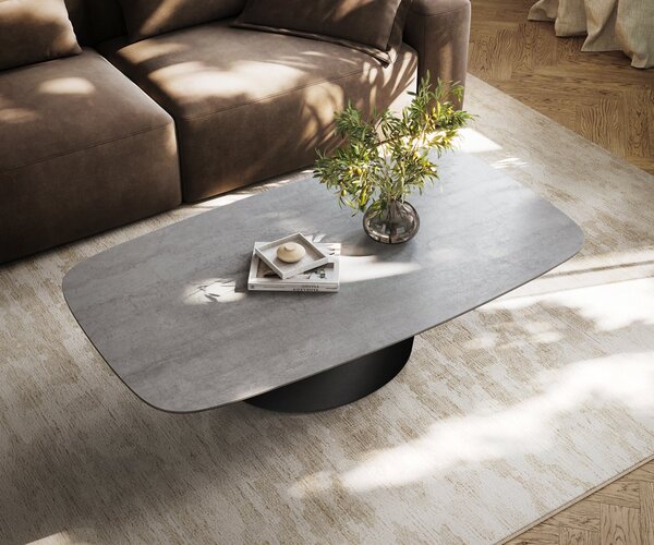 DELIFE Konferenční stolek Edge oválný tvar 140×80 cm keramika beton šedá Conis kov černá