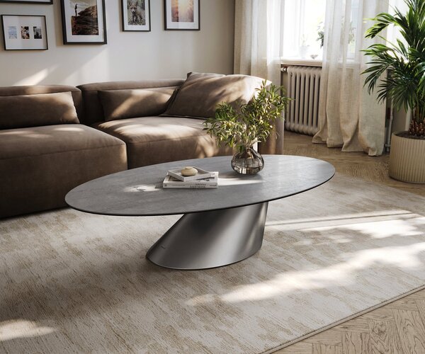 DELIFE Konferenční stolek Edge oválný 140×80 cm keramika beton šedá Conis nerezová ocel kartáčovaná