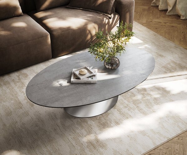 DELIFE Konferenční stolek Edge oválný 140×80 cm keramika beton šedá Conis nerezová ocel kartáčovaná