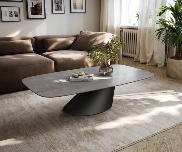 DELIFE Konferenční stolek Edge oválný tvar 140×80 cm keramika beton šedá Conis kov černá