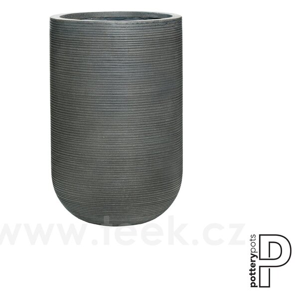 Pottery Pots Venkovní květináč kulatý Cody high M, Dark Grey (barva tmavě šedá, vodorovné pruhy), kolekce Ridged, materiál Ficonstone, průměr 35 cm x v 55 cm, objem cca 49 l