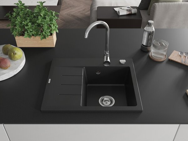 Mexen Ben, 1-komorový granitový dřez 600x500x190 mm, pravý + chromový sifon, černá, 6523605000-77
