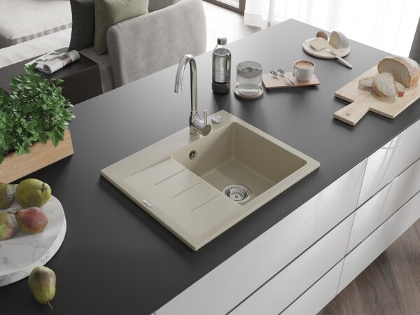 Mexen Ben, 1-komorový granitový dřez 600x500x190 mm, pravý + chromový sifon, béžová, 6523605000-69