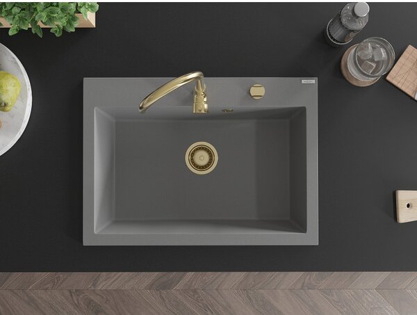 Mexen Elix, 1-korový granitový dřez 700 x 500 mm, šedá, zlatý sifon, 6526701005-71-G