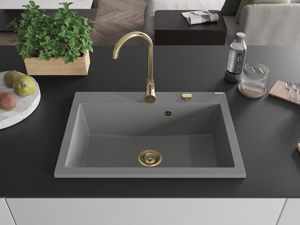 Mexen Elix, 1-korový granitový dřez 700 x 500 mm, šedá, zlatý sifon, 6526701005-71-G
