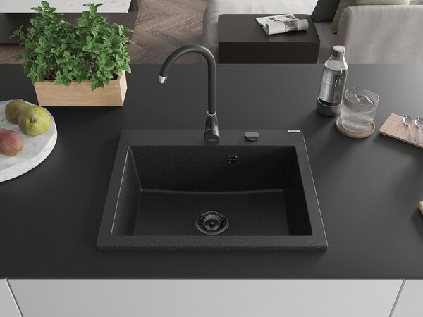 Mexen Elix, 1-komorový granitový dřez 600 x 500 mm, černá/stříbrná metalíza, černý sifon - 6525601005-73-B