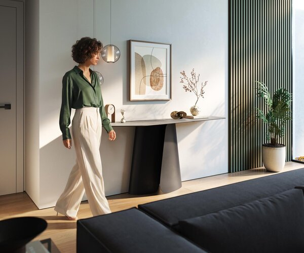DELIFE Konzolový stůl Edge polygonální 180×50 cm keramika beton šedá Livos kov černá