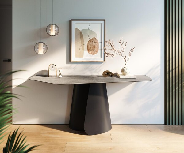 DELIFE Konzolový stůl Edge polygonální 180×50 cm keramika beton šedá Livos kov černá