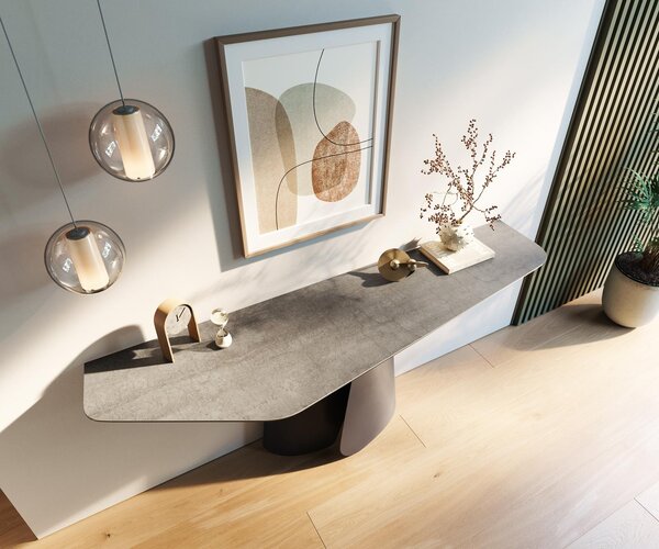 DELIFE Konzolový stůl Edge polygonální 180×50 cm keramika beton šedá Livos kov černá