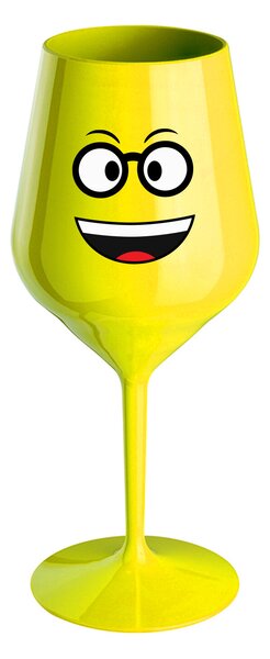 SMAJLÍK S BRÝLEMI - žlutá nerozbitná sklenice na víno 470 ml