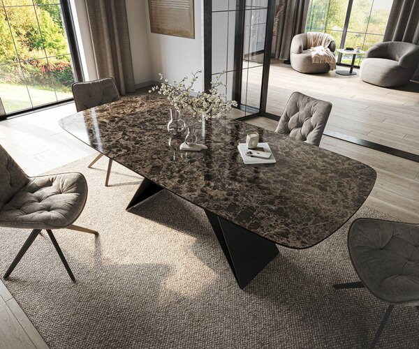 DELIFE Jídelní stůl Edge oválný tvar 180-220×100 cm keramika emperador extra lucidato tmavě hnědá podnož ve tvaru V plochá ocel černá rozkládací