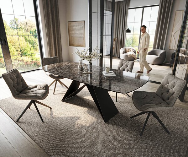 DELIFE Jídelní stůl Edge oválný tvar 180-220×100 cm keramika emperador extra lucidato tmavě hnědá podnož ve tvaru V plochá ocel černá rozkládací