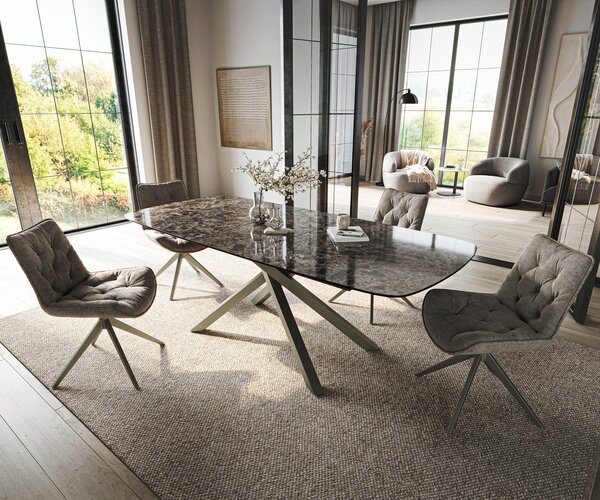 DELIFE Jídelní stůl Edge oválný tvar 180-220×100 cm keramika Emperador Extra Lucidato tmavě hnědá křížová podnož obdélníkový design titanová barva rozkládací