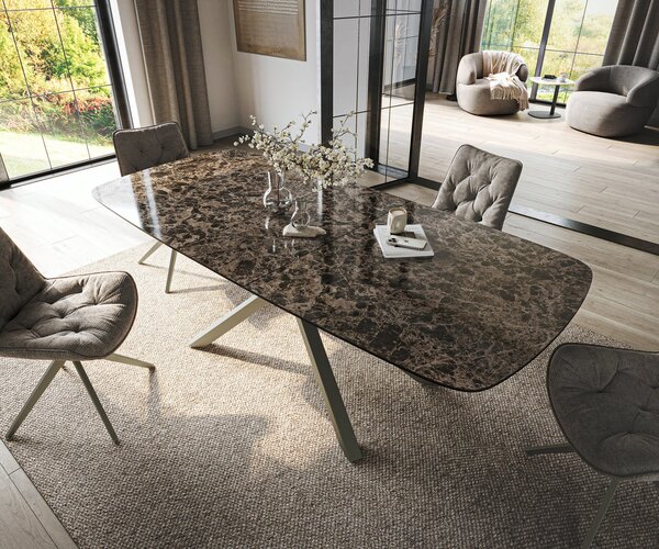 DELIFE Jídelní stůl Edge oválný tvar 180-220×100 cm keramika Emperador Extra Lucidato tmavě hnědá křížová podnož obdélníkový design titanová barva rozkládací