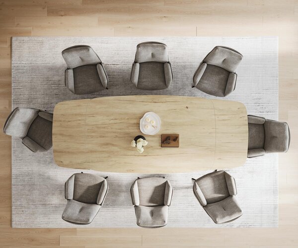 DELIFE Jídelní stůl Edge oválný tvar 200-300×120 cm keramika Laminam® Sabbia dubová barva Spider plochá ocel černá rozkládací