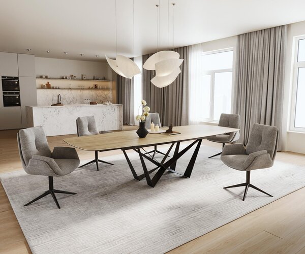DELIFE Jídelní stůl Edge oválný tvar 200-300×120 cm keramika Laminam® Sabbia dubová barva Spider plochá ocel černá rozkládací