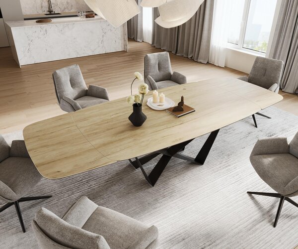 DELIFE Jídelní stůl Edge oválný tvar 200-300×120 cm keramika Laminam® Sabbia dubová barva Spider plochá ocel černá rozkládací