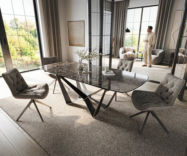 DELIFE Jídelní stůl Edge oválný tvar 180-220×100 cm keramika Emperador Extra Lucidato tmavě hnědá Spider plochá ocel nerezová ocel grafit rozkládací