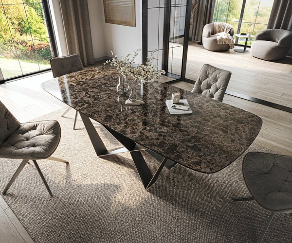 DELIFE Jídelní stůl Edge oválný tvar 180-220×100 cm keramika Emperador Extra Lucidato tmavě hnědá Spider plochá ocel nerezová ocel grafit rozkládací