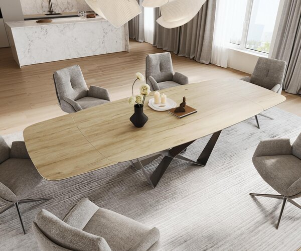 DELIFE Jídelní stůl Edge tvar oválný 200-300×120 cm keramika Laminam® Sabbia dubová barva Spider plochá podnož nerezová ocel grafit rozkládací