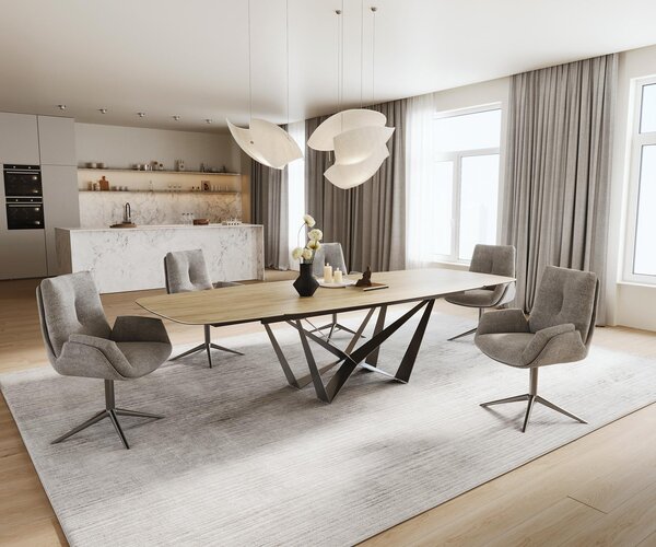 DELIFE Jídelní stůl Edge tvar oválný 200-300×120 cm keramika Laminam® Sabbia dubová barva Spider plochá podnož nerezová ocel grafit rozkládací