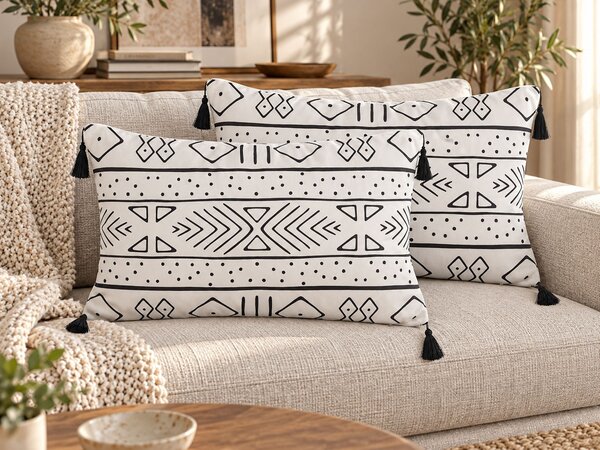 Sada 2 dekorativních polštářů SCHEFFLERA 30 x 50 cm Umělý samet Bílá Geometrický vzor