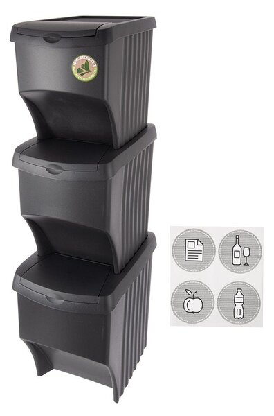 Černé plastové odpadkové koše v sadě 3 ks 3x22 l na tříděný odpad – Orion