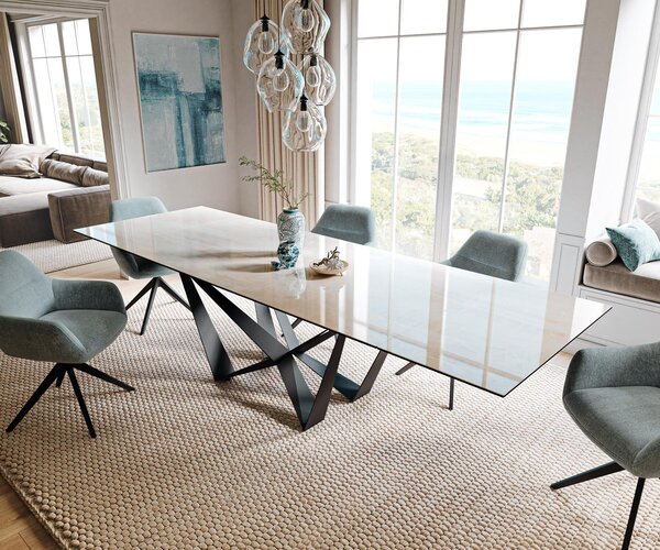 DELIFE Jídelní stůl Edge 200-300×100 cm keramika onyx champagne spider plochý ocel černá rozkládací