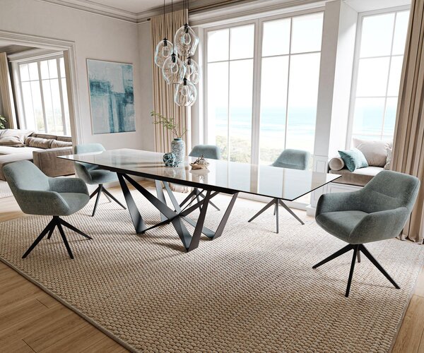 DELIFE Jídelní stůl Edge 200-300×100 cm keramika onyx champagne spider plochý ocel černá rozkládací