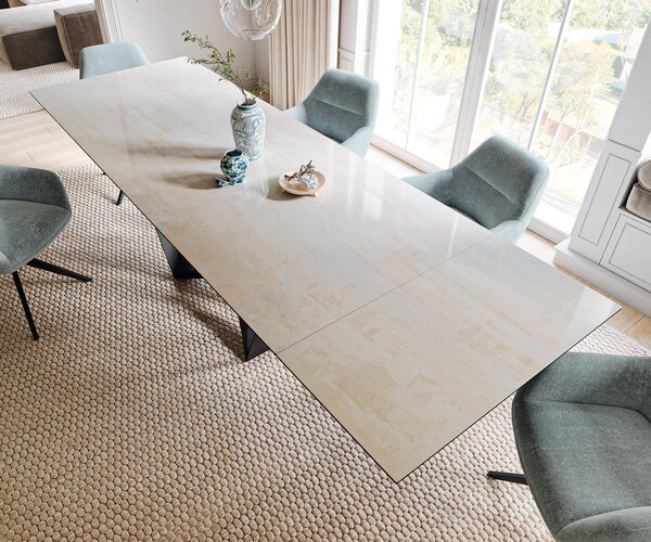 DELIFE Jídelní stůl Edge 200-300×100 cm keramika onyx champagne spider plochý ocel černá rozkládací